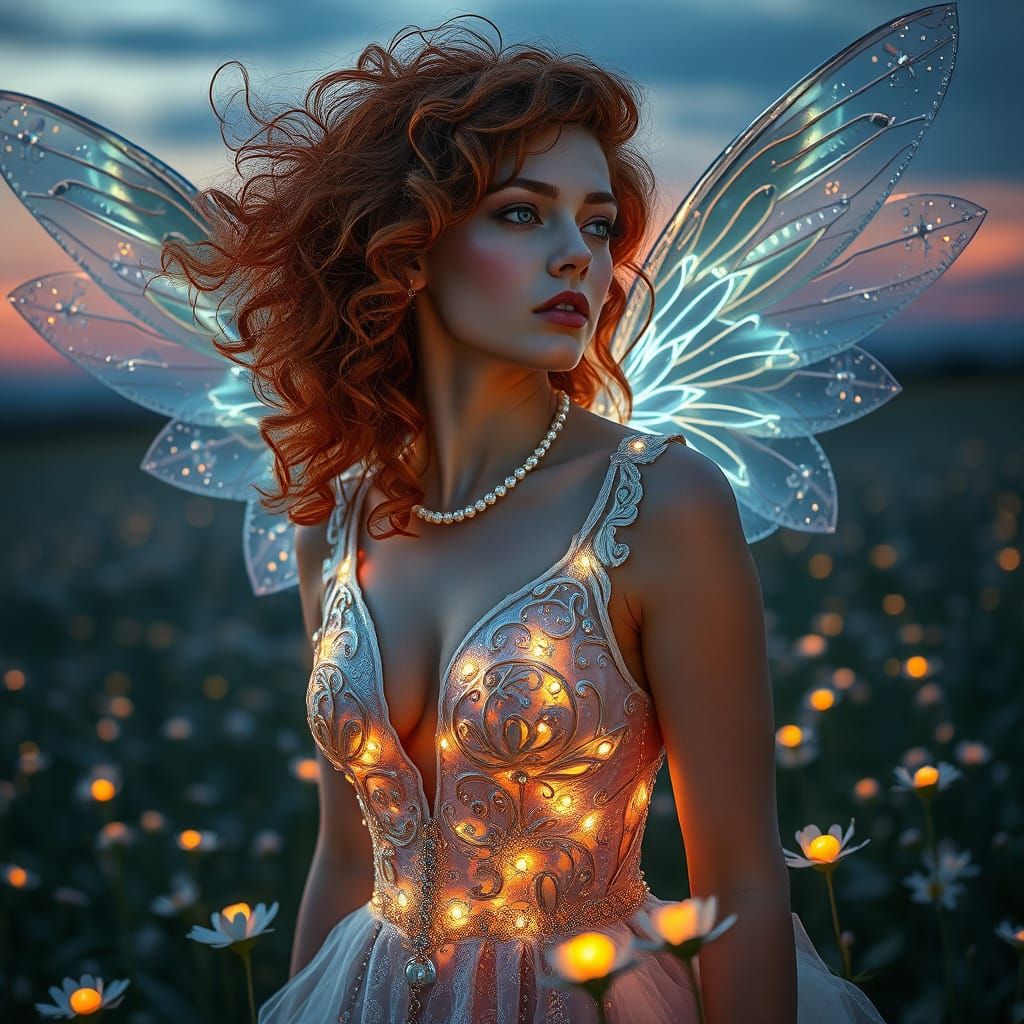 Ethereal Woman with Crystal Wings and Auburn Hair
