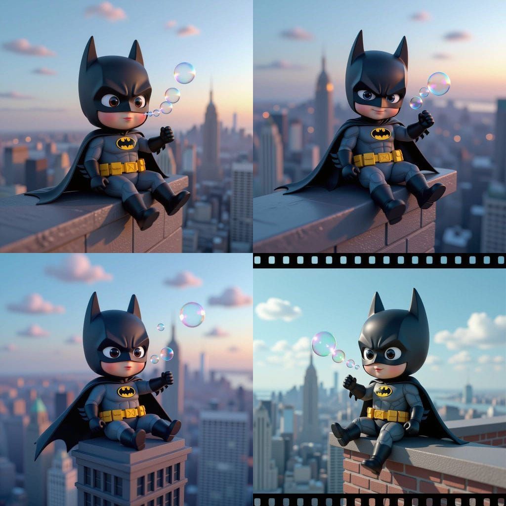 Chibi Batman Blowing Bubbles on Skyscraper
