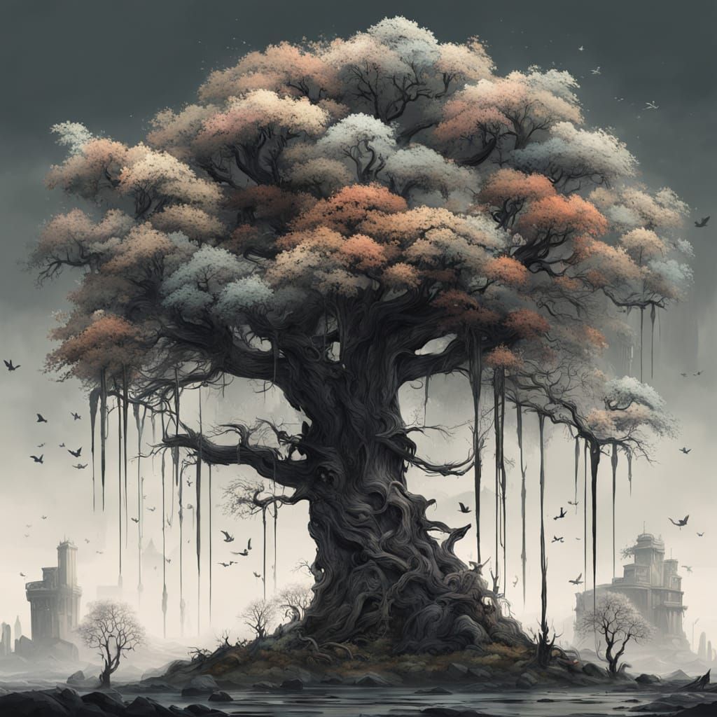 Surreal Tree Blooms in Dystopian Ash World