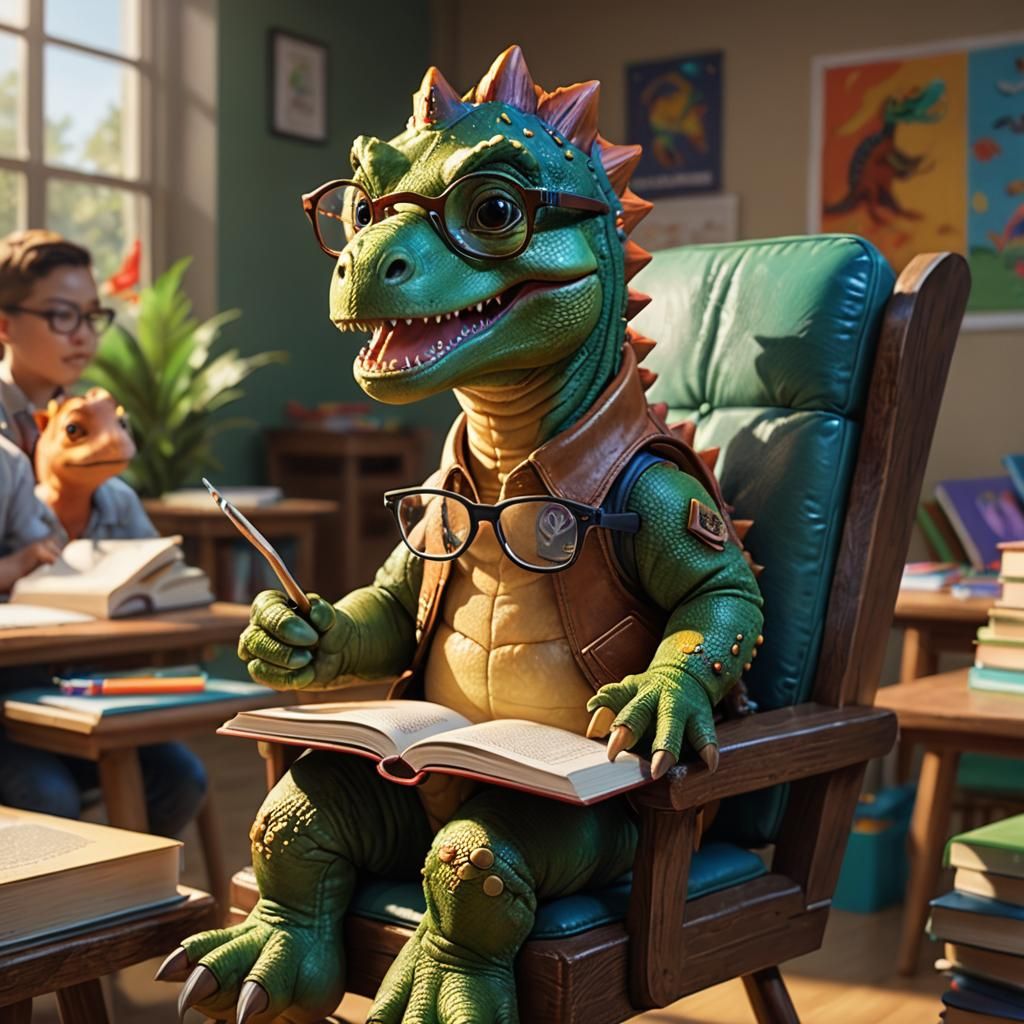 Baby dinosaur with glasses and a book sitting in an a chair ...