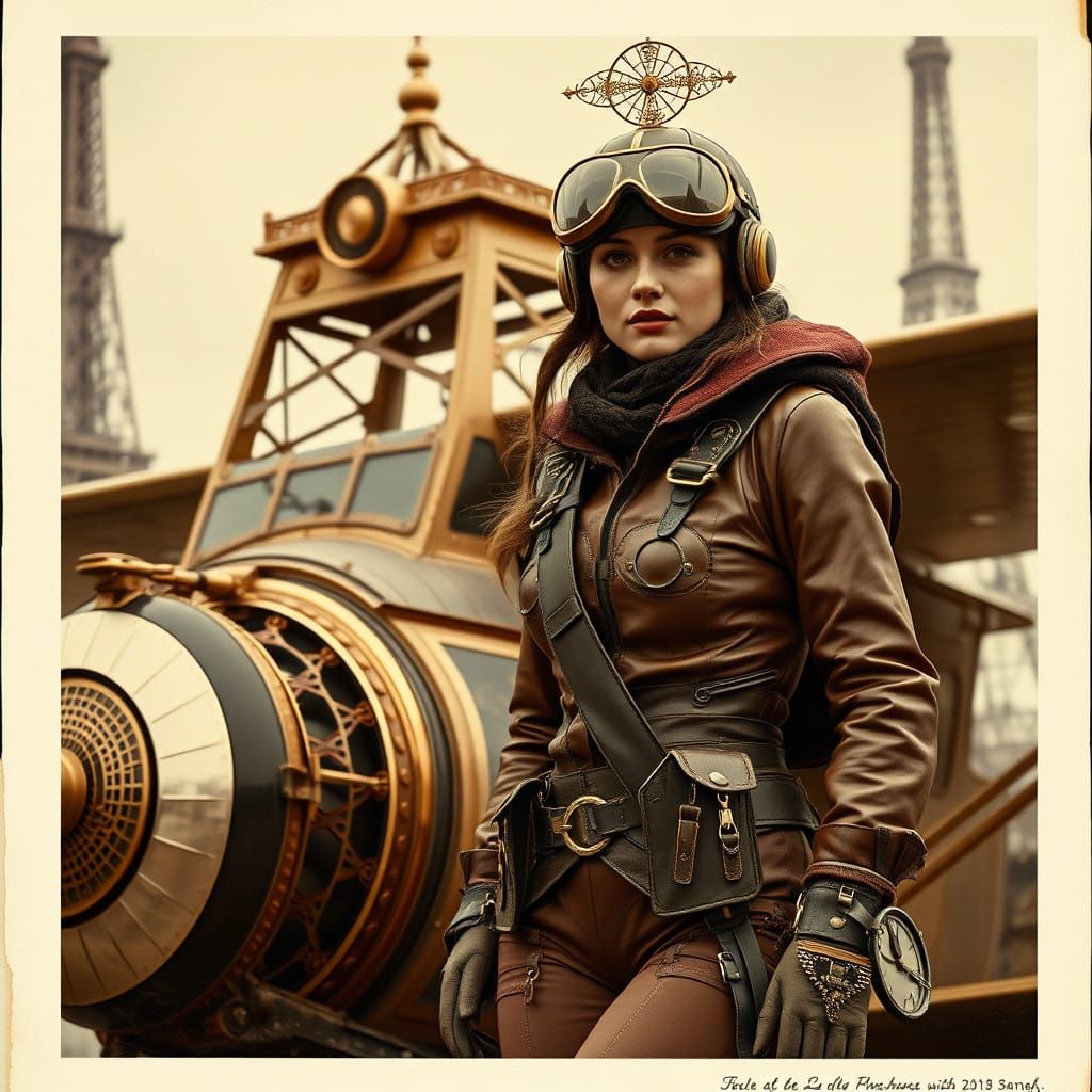 Steampunk Aviator against Vintage Aircraft in Parisian Style