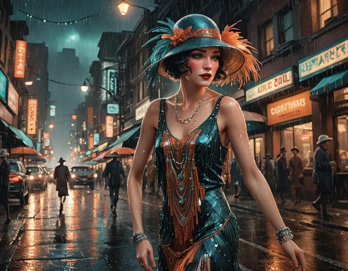 1920s Flapper Girl in Rainy City, Digital Art