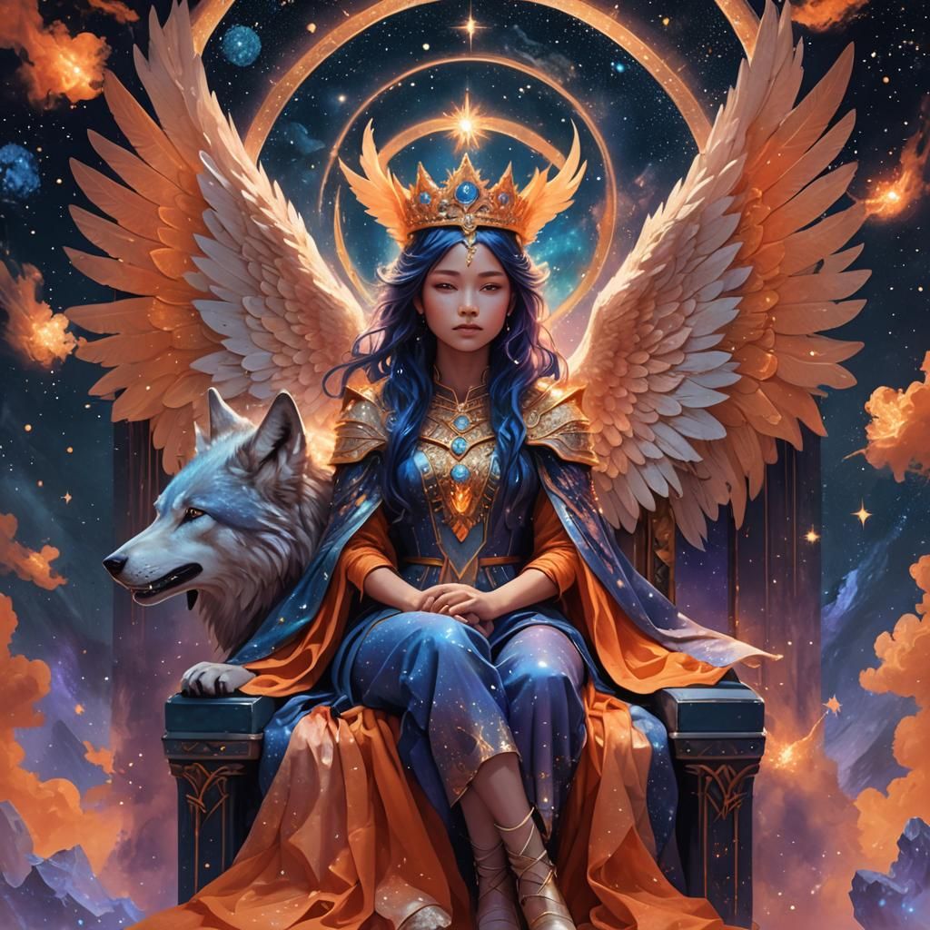 Celestial Queen and Winged Wolf on Throne