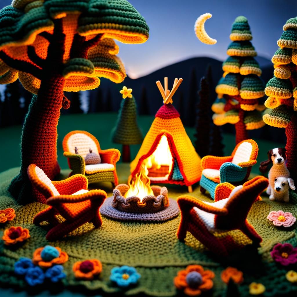 Whimsical Crochet Camping Scene in Pastel Colors