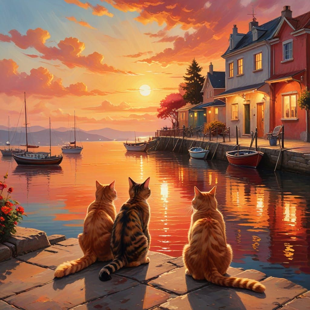 Seaside Sunset Watched by Cats, Oil Painting