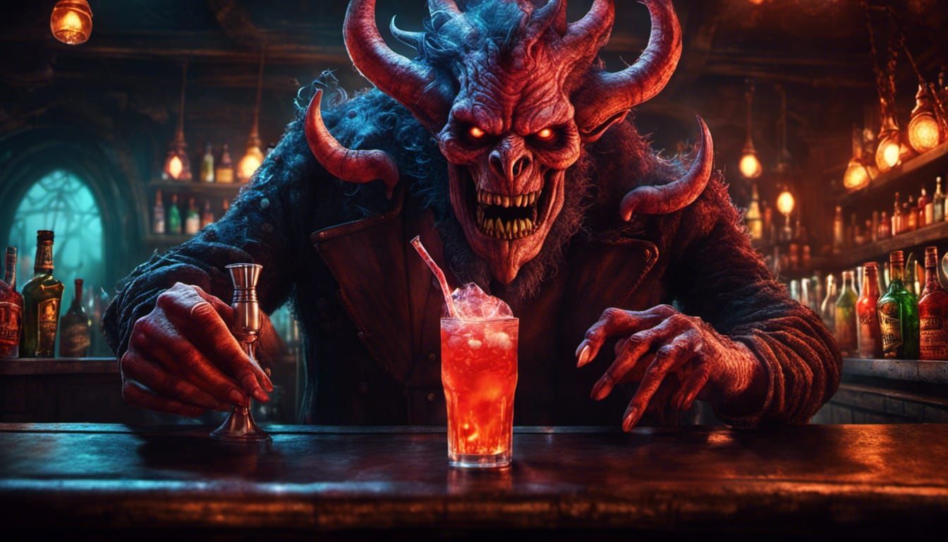Detailed Demon Bartender at Monster Bar