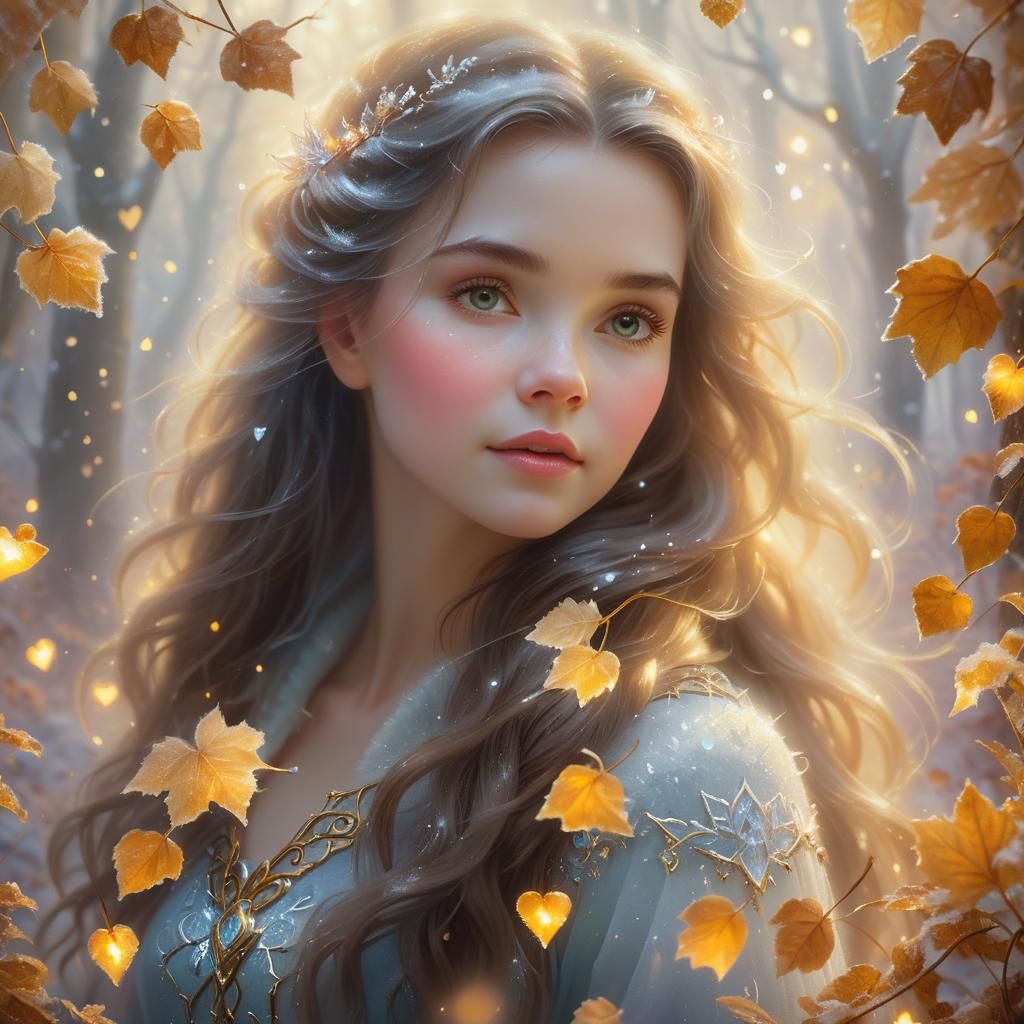 Ethereal Woman Creates Ice Hearts in Misty Forest