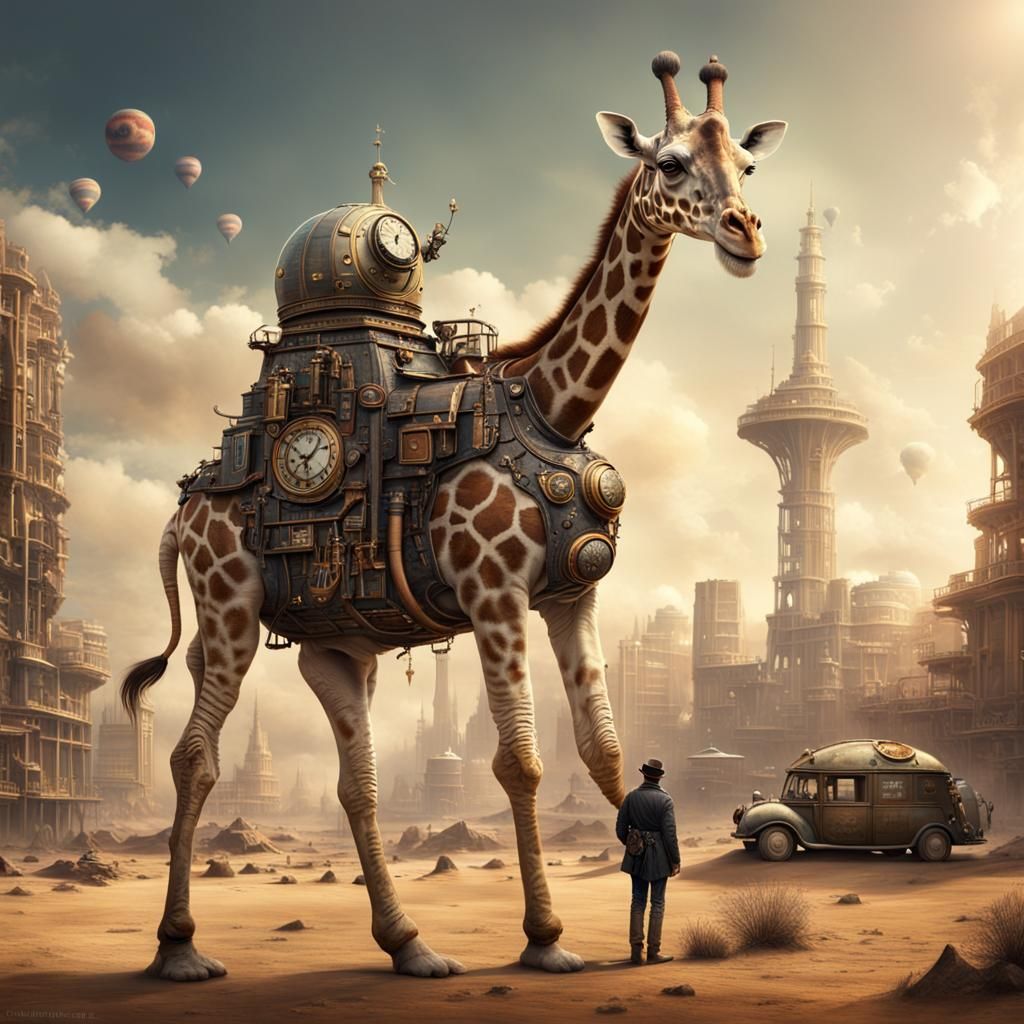 Steampunk Giraffe-Snail Hybrid on Alien Planet