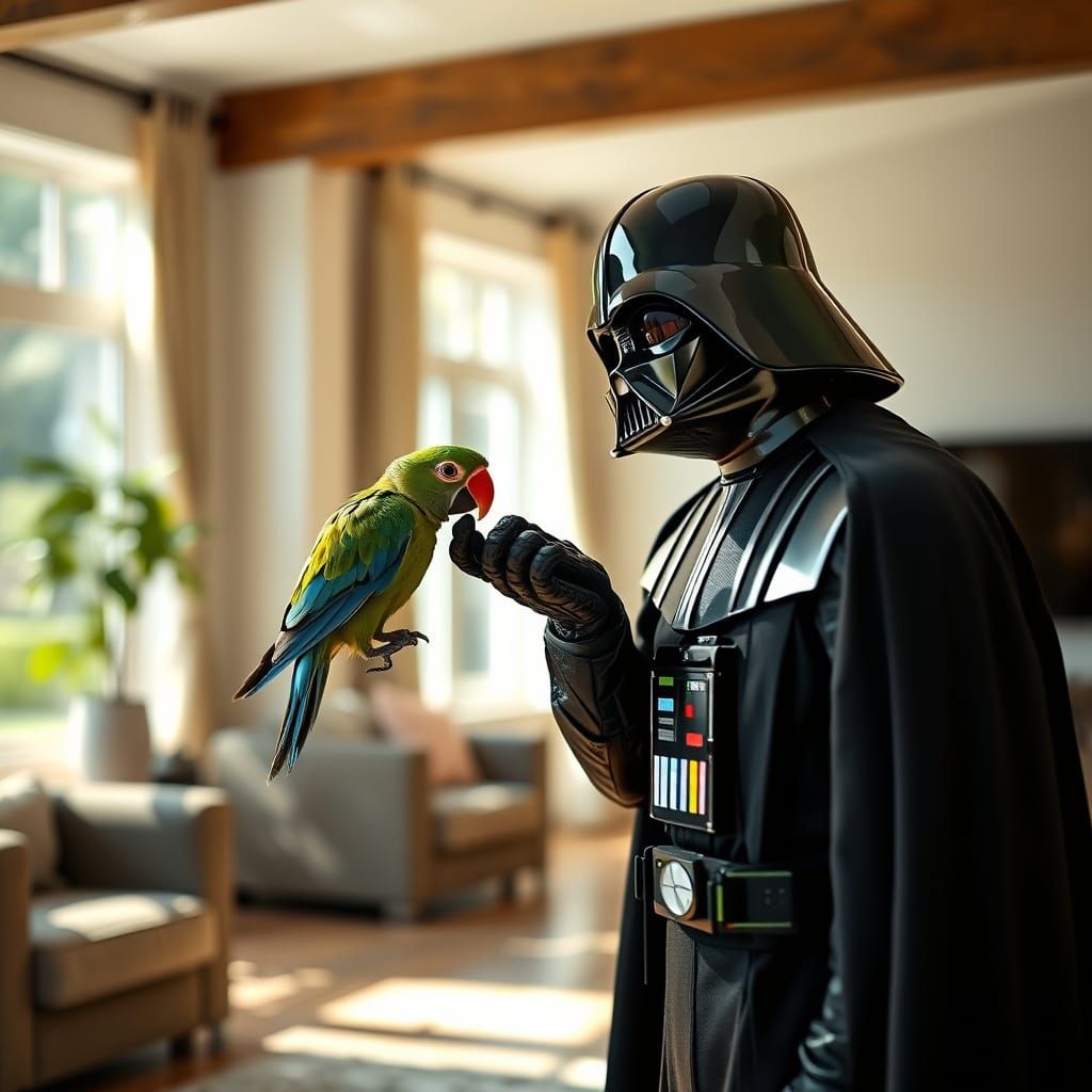 Darth Vader Feeds a Parrot in a Sunny Living Room
