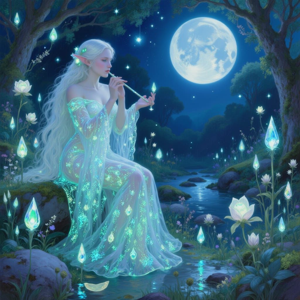 Elf Princess Plays Flute in Moonlit Mystical Forest