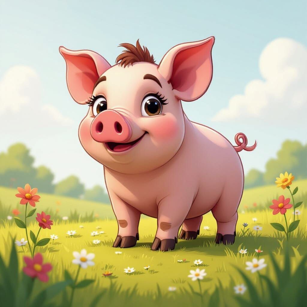 Cute Cartoon Pig Coloring Page in 3D Digital Art Style