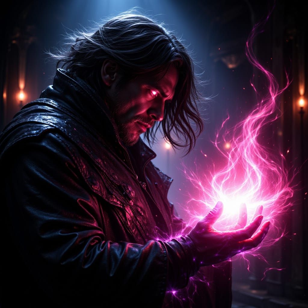 Magician Conjuring Arcane Energies in Neon Light
