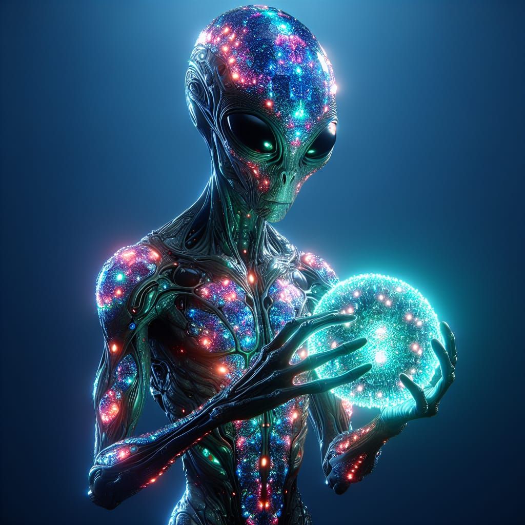 Crystalline Alien Holding Bioluminescent Sphere