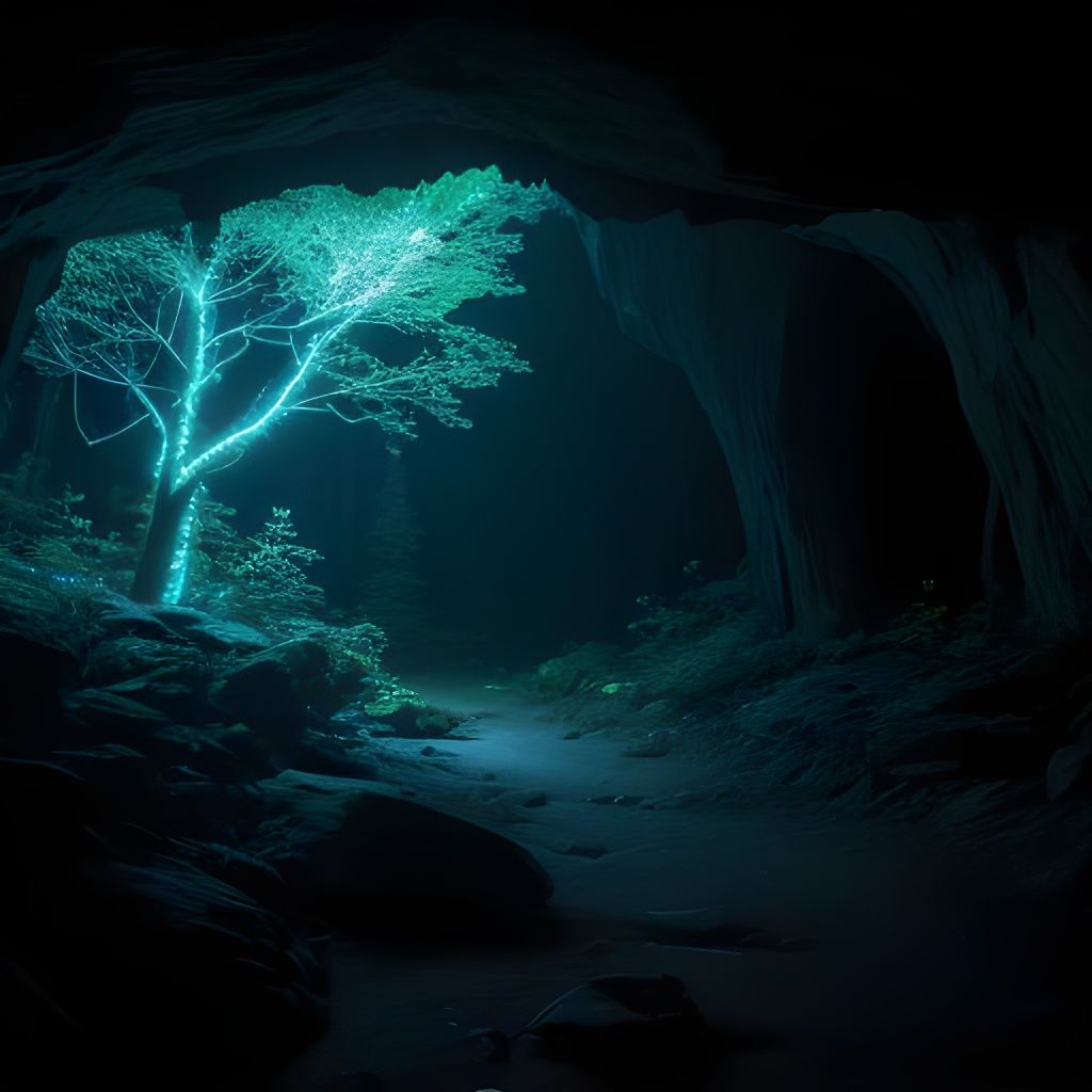 Bioluminescent Forest Cave Exploration at Night