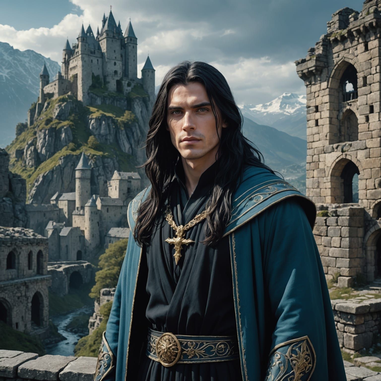 Androgynous Portrait with Black Robe, Fantasy Castle Ruins