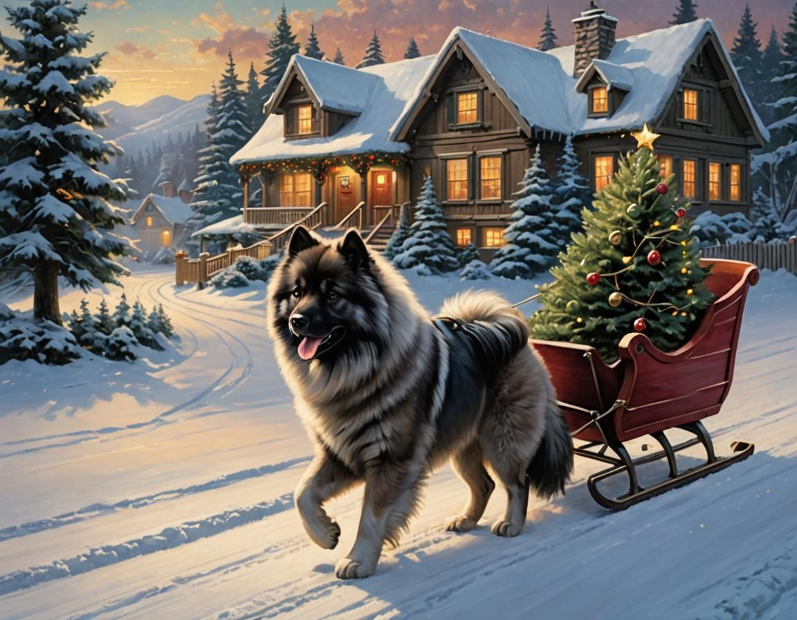 Keeshond Dog Pulling Sleigh in Kinkade Style