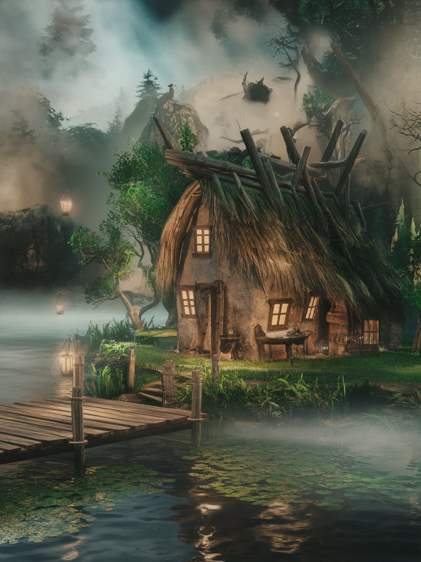 Ethereal Lakeside Cottage in Mystical Fantasy Scene
