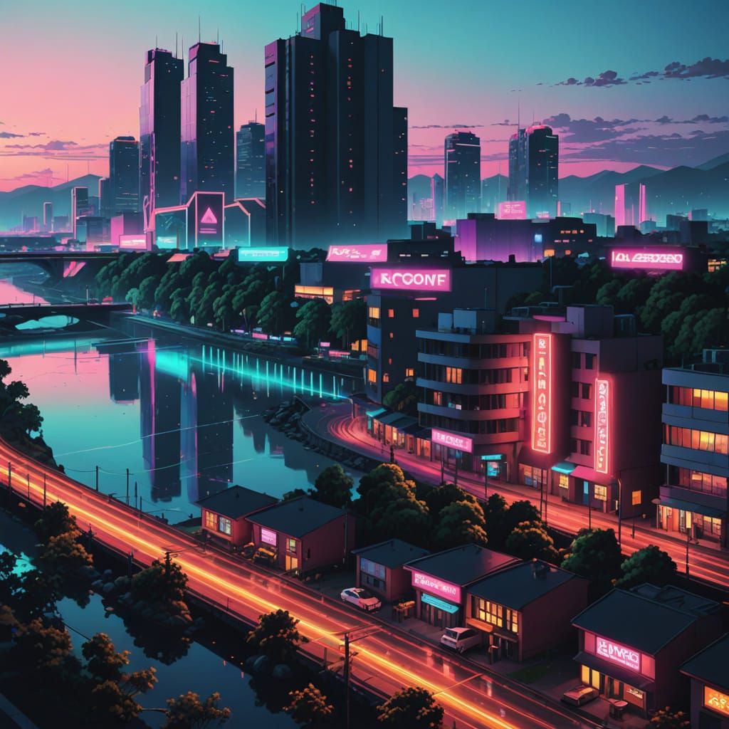 Modern Town Beside River in Neon Synthwave Style