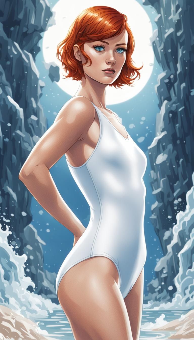 Redhead in Swimsuit: Cartoon Comic Book Art