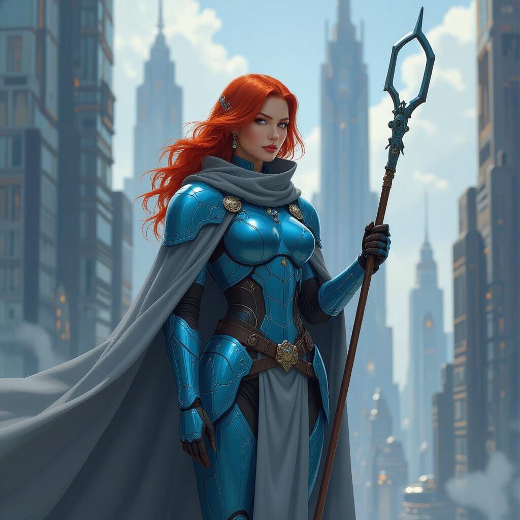 Art Deco Woman Warrior in Futuristic Cityscape