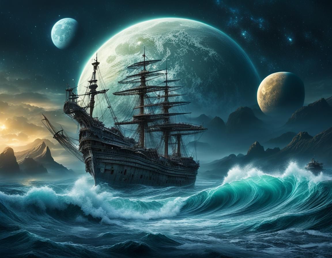 Ocean Waves on Abandoned Planet with Three Moons