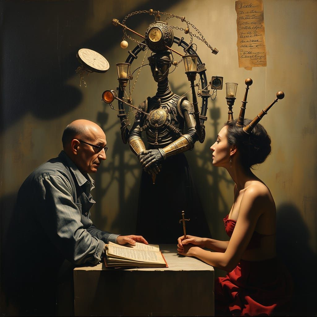 Duchamp Style Allegory Oil Painting with Symbolic Imagery