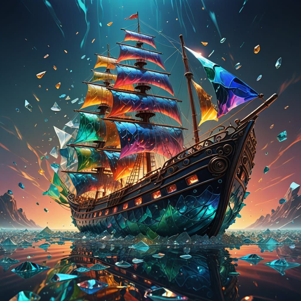 Surreal Glass Ship Sailing on Iridescent Sea