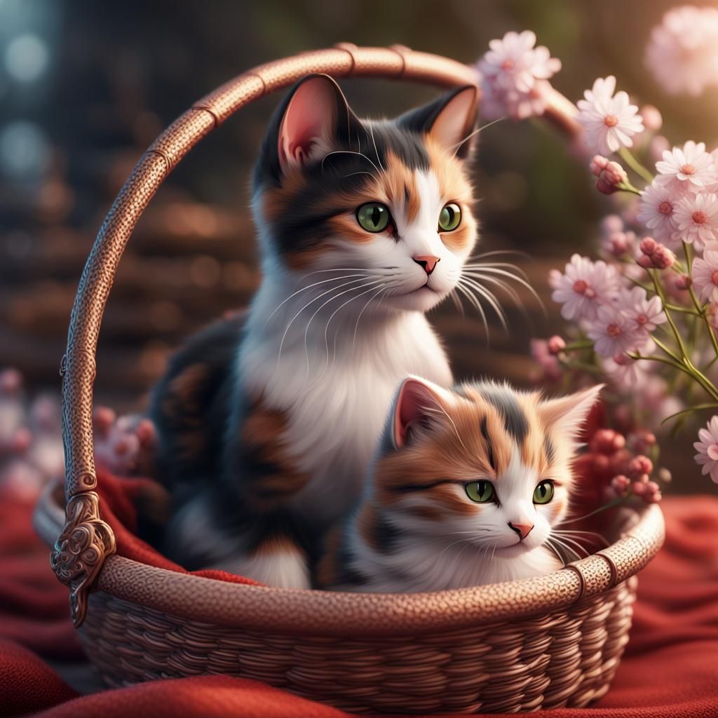 Calico Cat and Kittens in Sci-Fi Basket