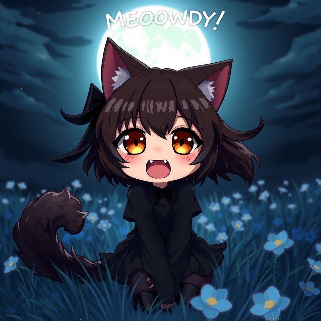 Anime Catgirl with Fangs Under a Full Moon