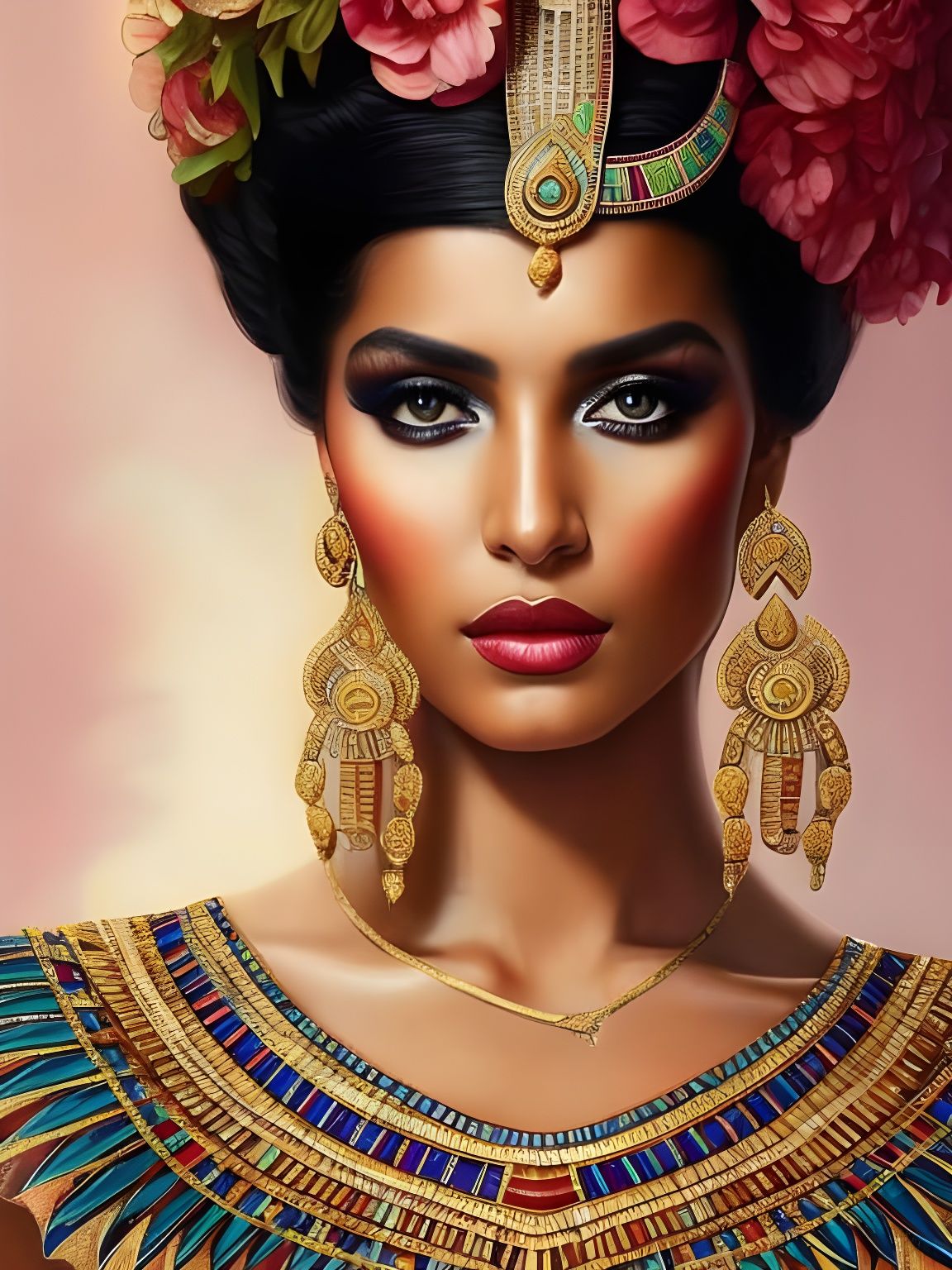 Aztec-Egyptian Queen in Golden Dress: Hyperrealistic Portrai...