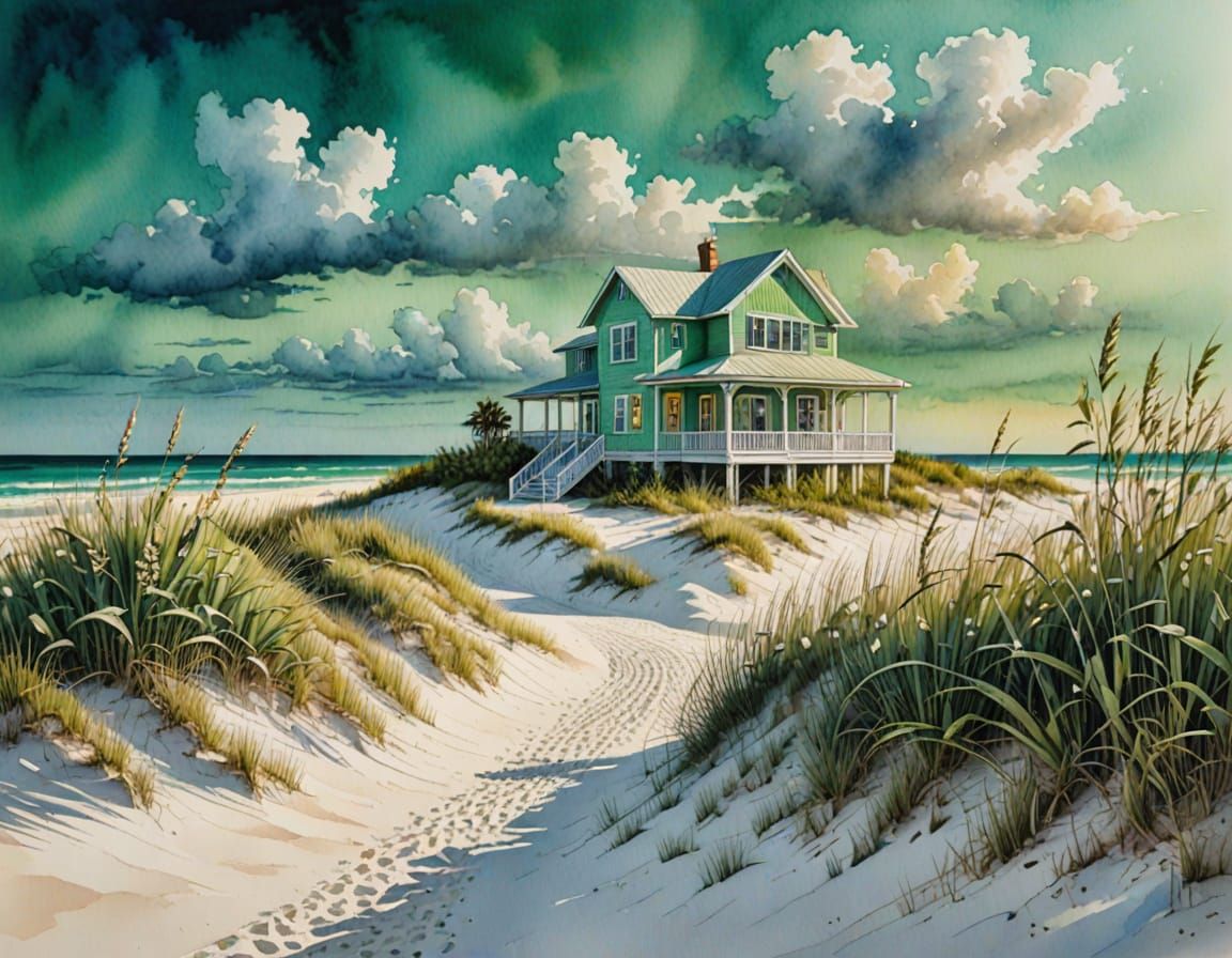 Florida Beach Cottage Watercolor Painting