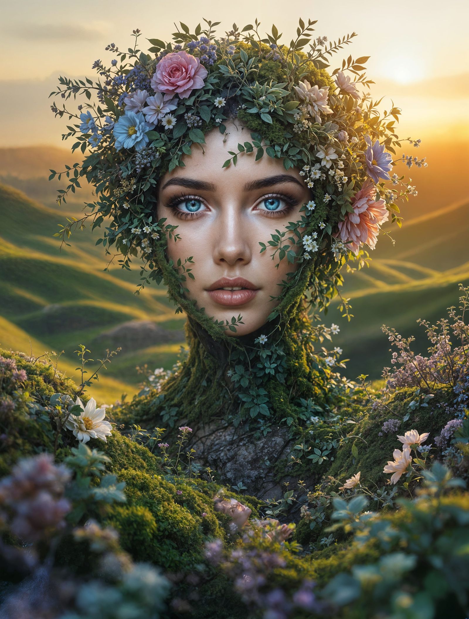 Woman Enveloped by Blooming Nature in Sunset Light