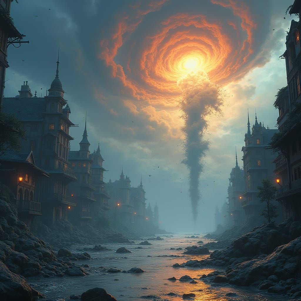 Surreal Landscape of Catastrophic Disaster in Whimsical Styl...