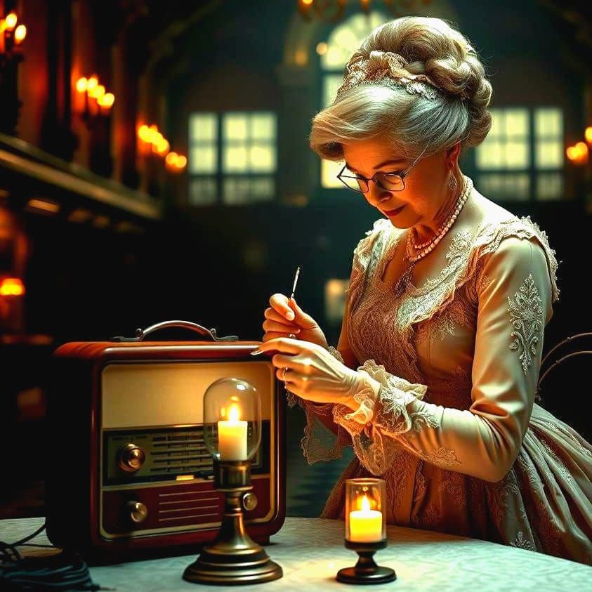 Elegant Lady Repairs Vintage Radio in Dark Victorian Hall