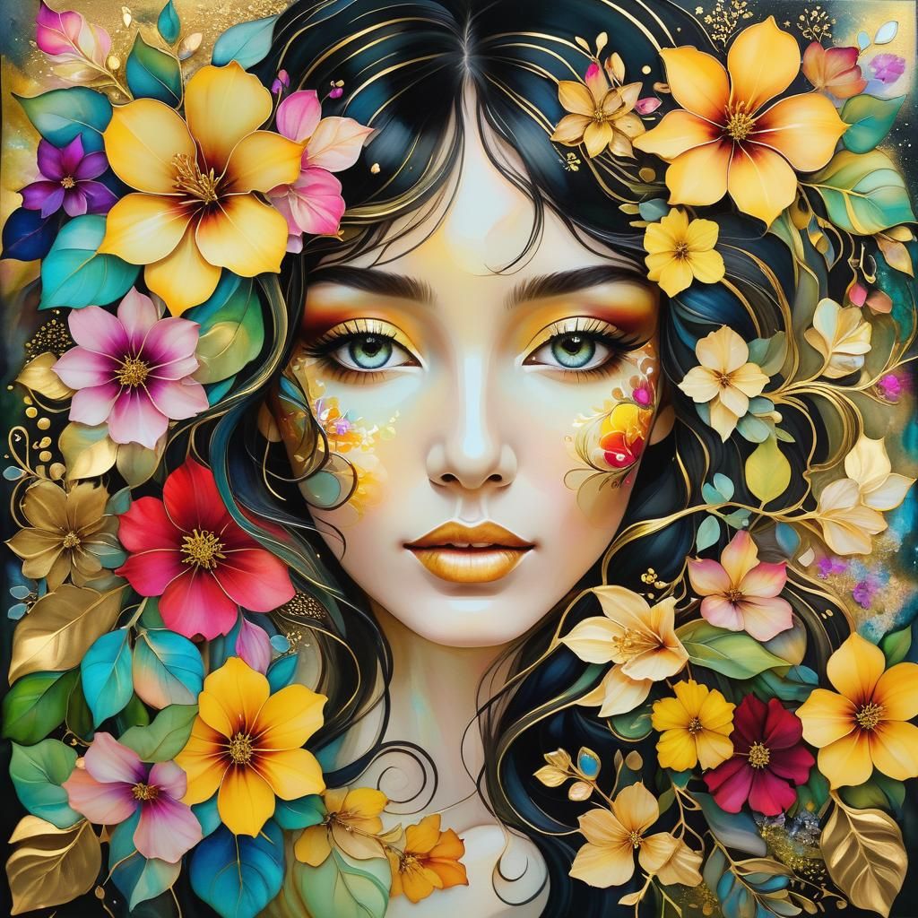 Woman in Lush Garden: 3D Alcohol Ink Art