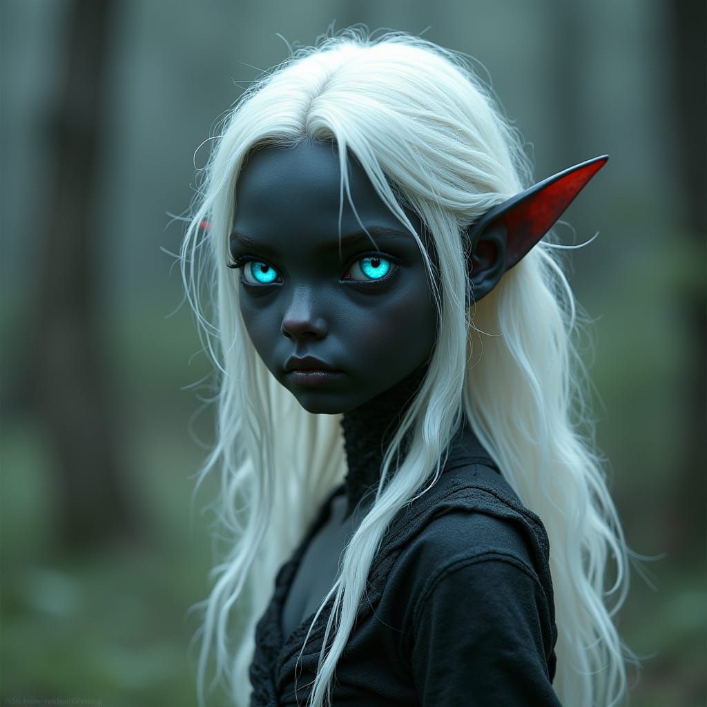 Dark Fantasy Elf with White Hair and Blue Eyes