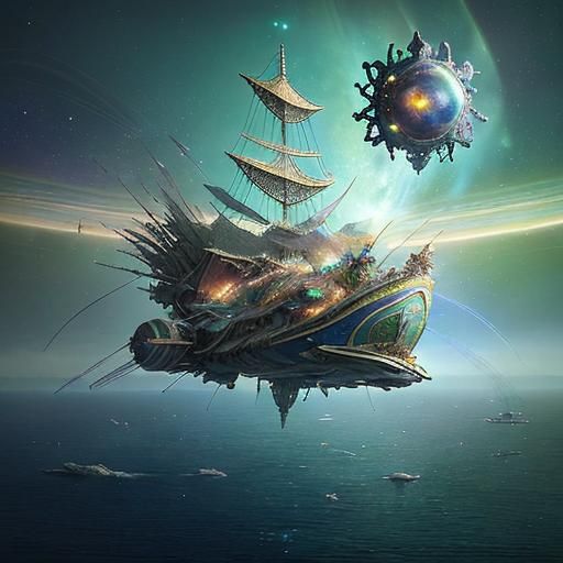 Surreal Spaceship Journey Through Green Landscape