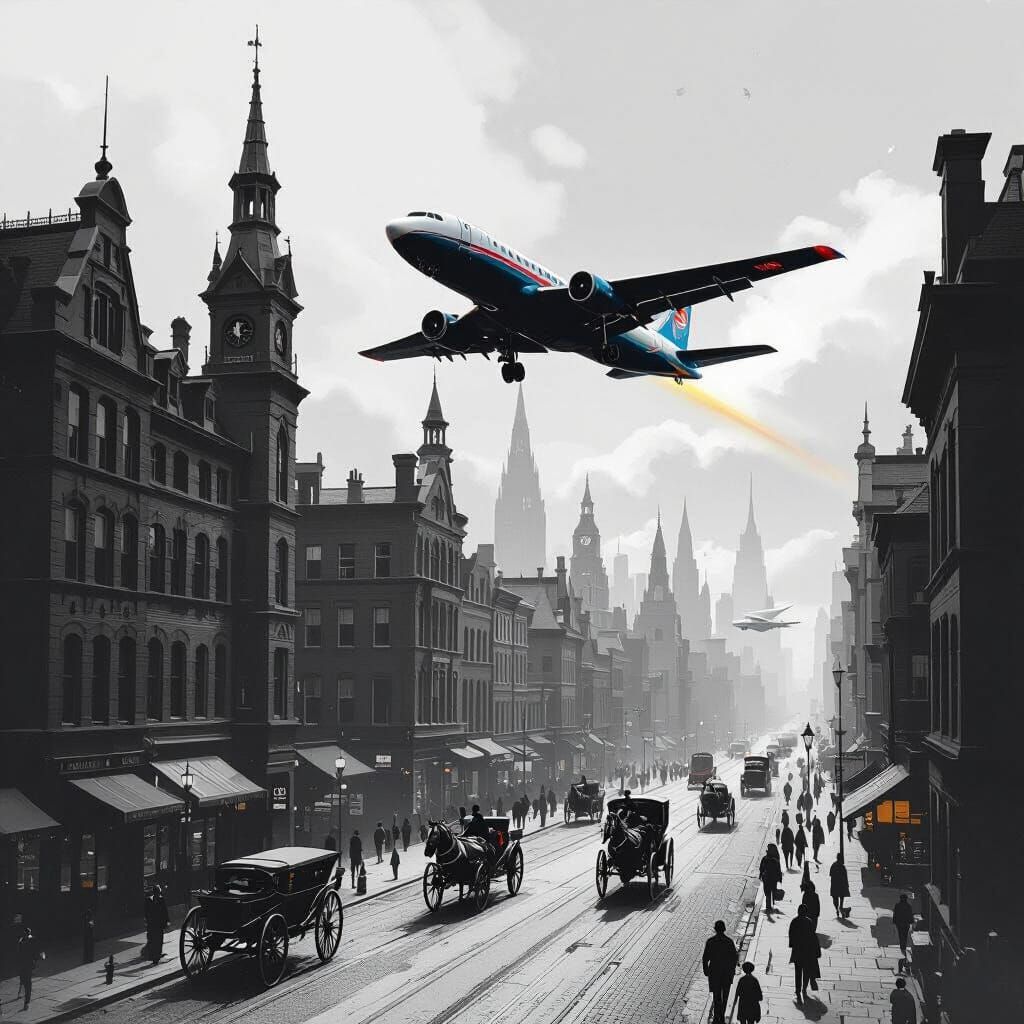 Modern Aircraft Soars Over Vintage Cityscape