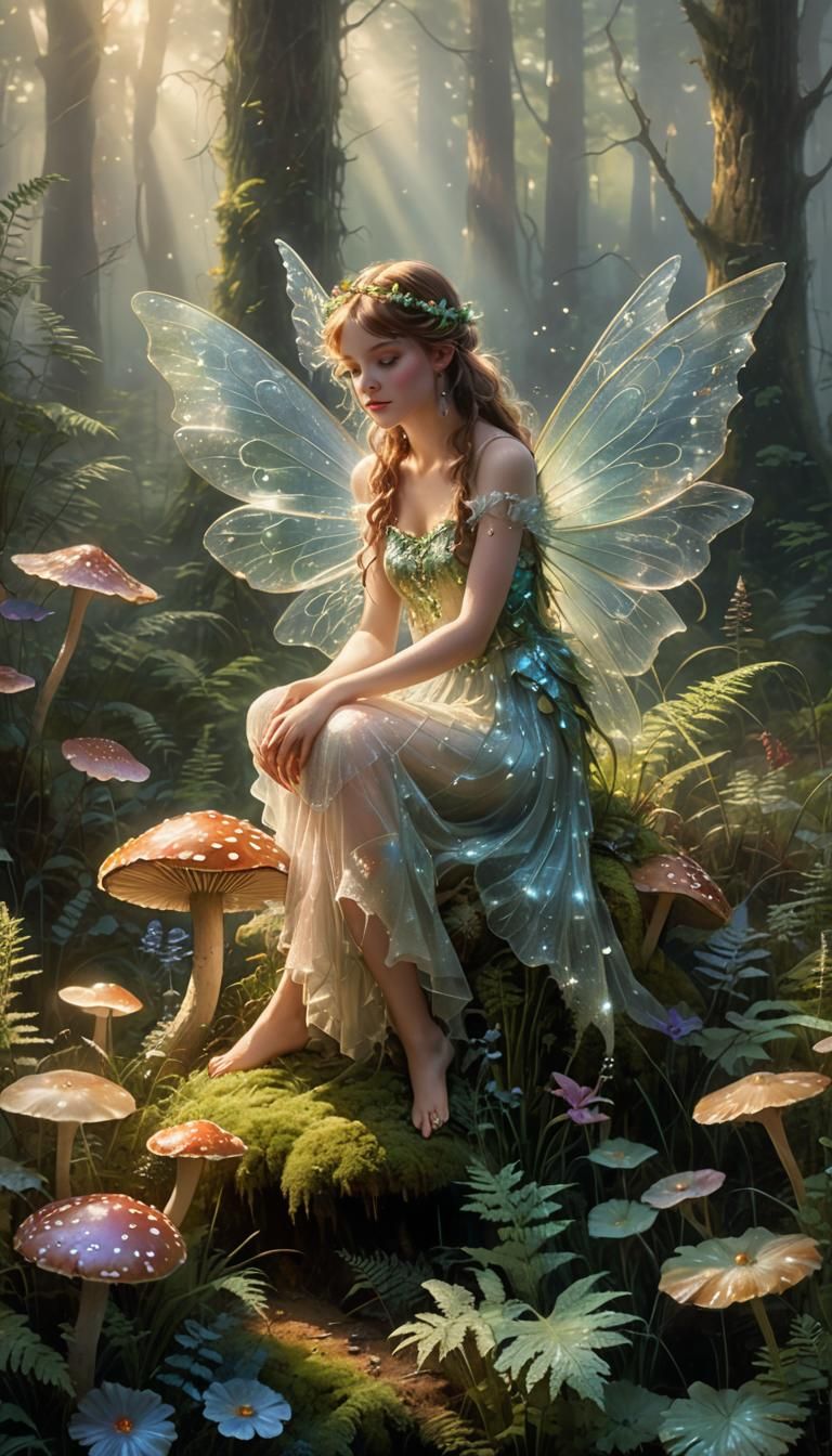Delicate Fairy in Misty Forest with Sunlight