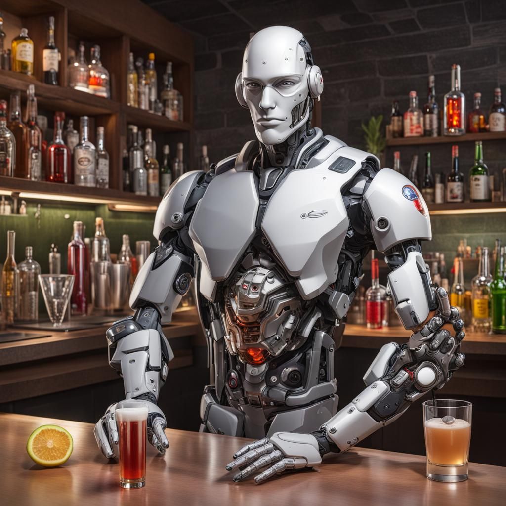 Cyberpunk Cyborg Bartender Serving Drinks