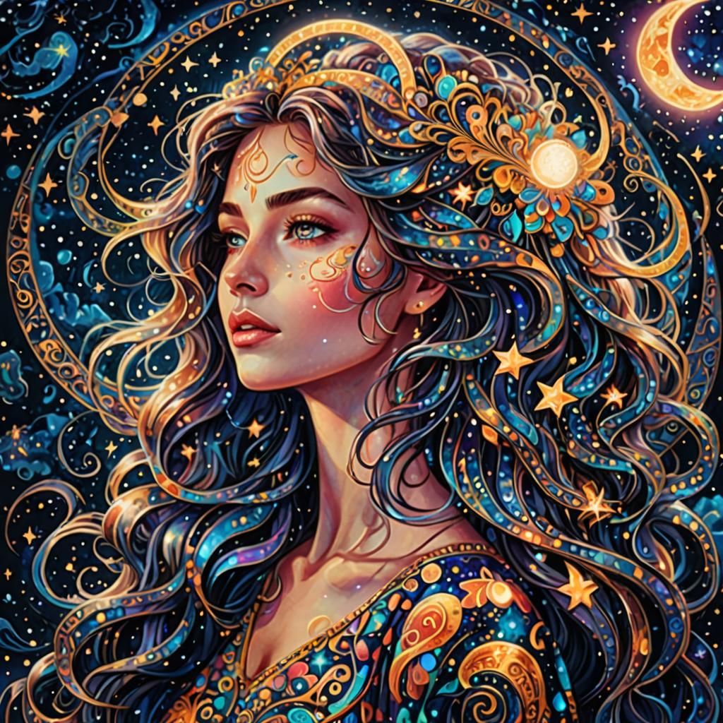 Cosmic Woman with Moon: Holographic Astral Illustration