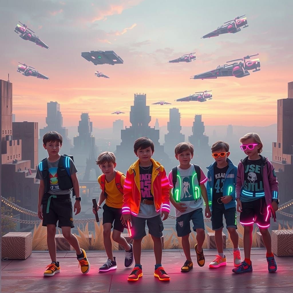 Vibrant Retro-Futuristic Teens in Dystopian Cityscape
