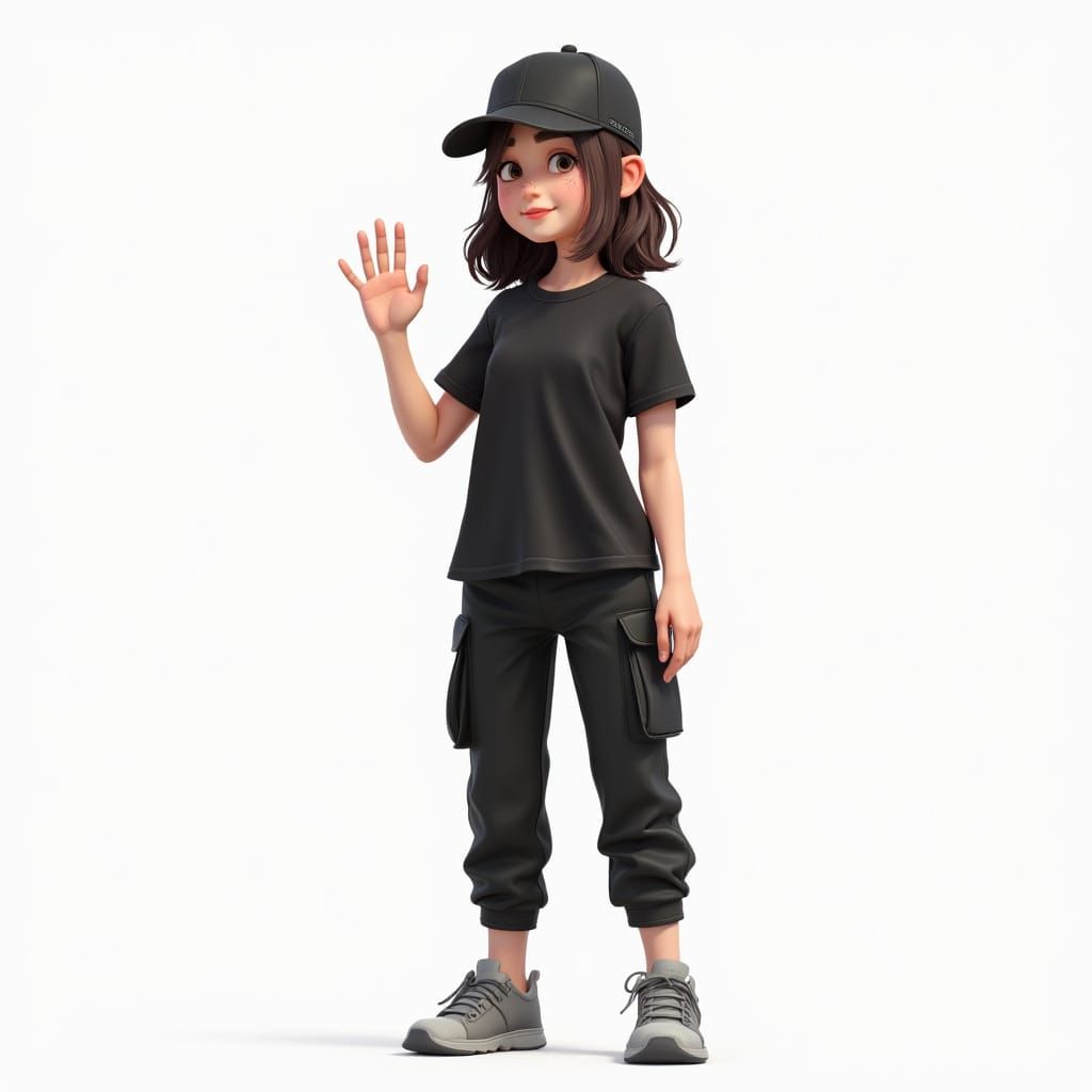 Girl in Black Clothes Waving in Cartoon Style