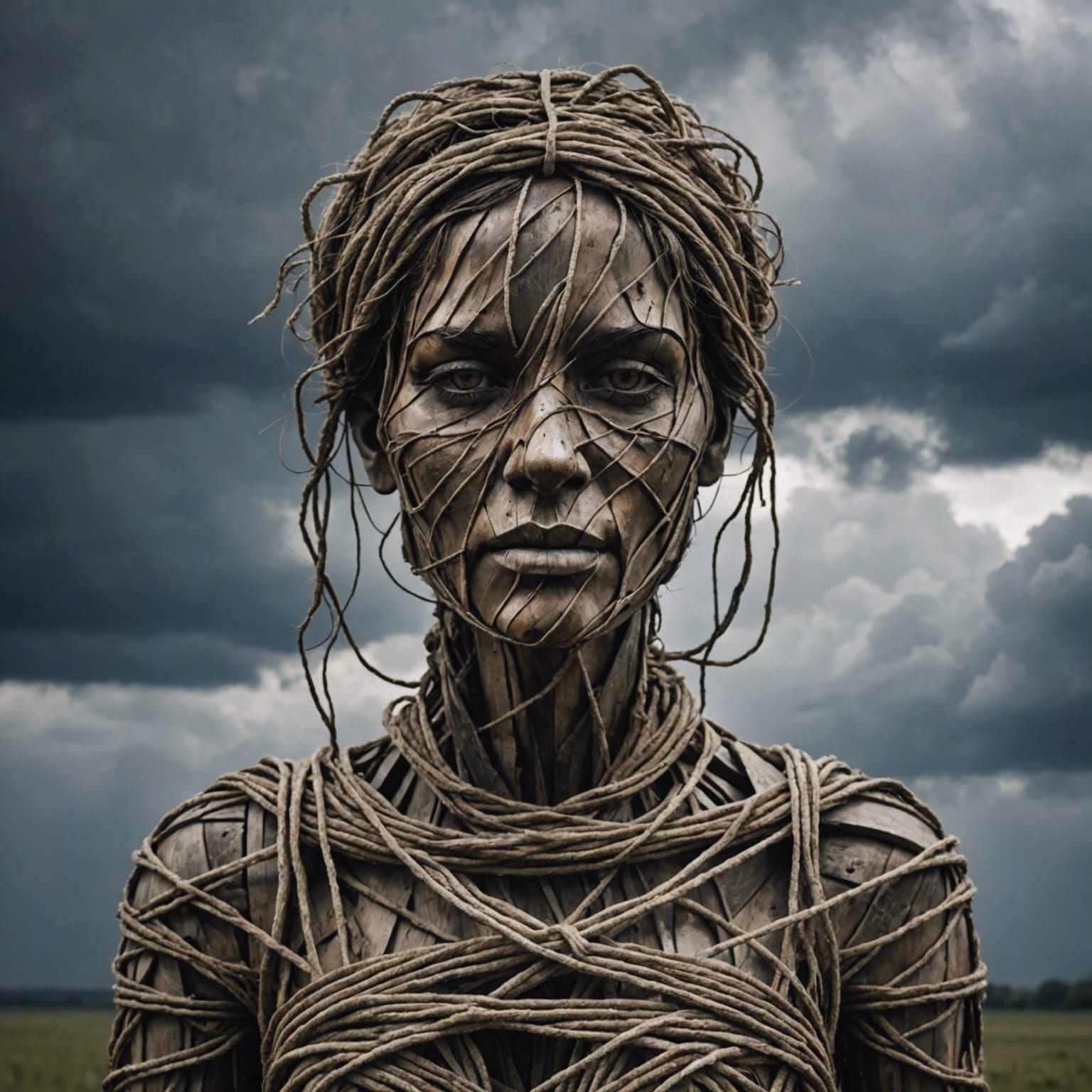 Rope Woman in Stormy Rain and Smoky Clouds