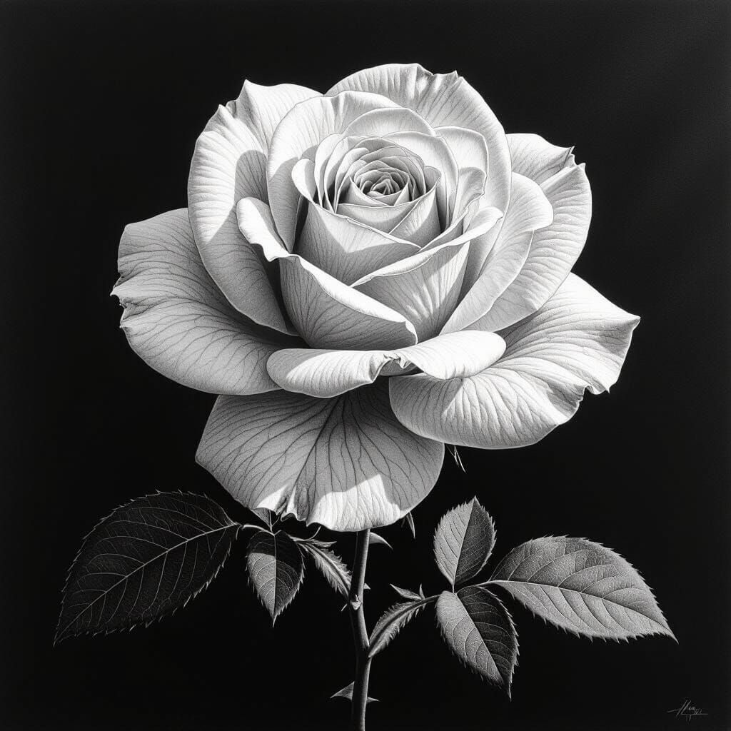 Hyperdetailed Black and White Rose Drawing