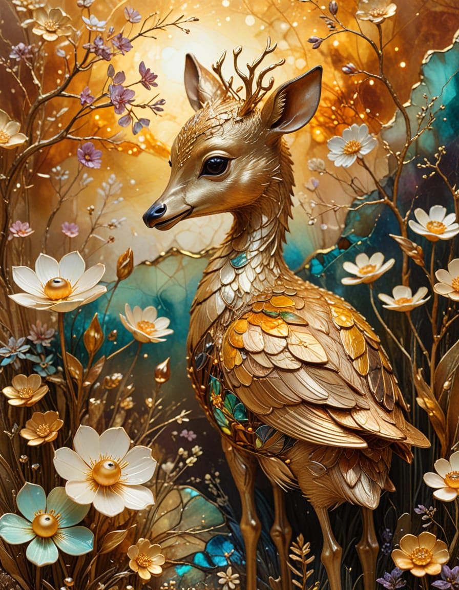Bambi and Duckling in Surreal Iridescent Landscape