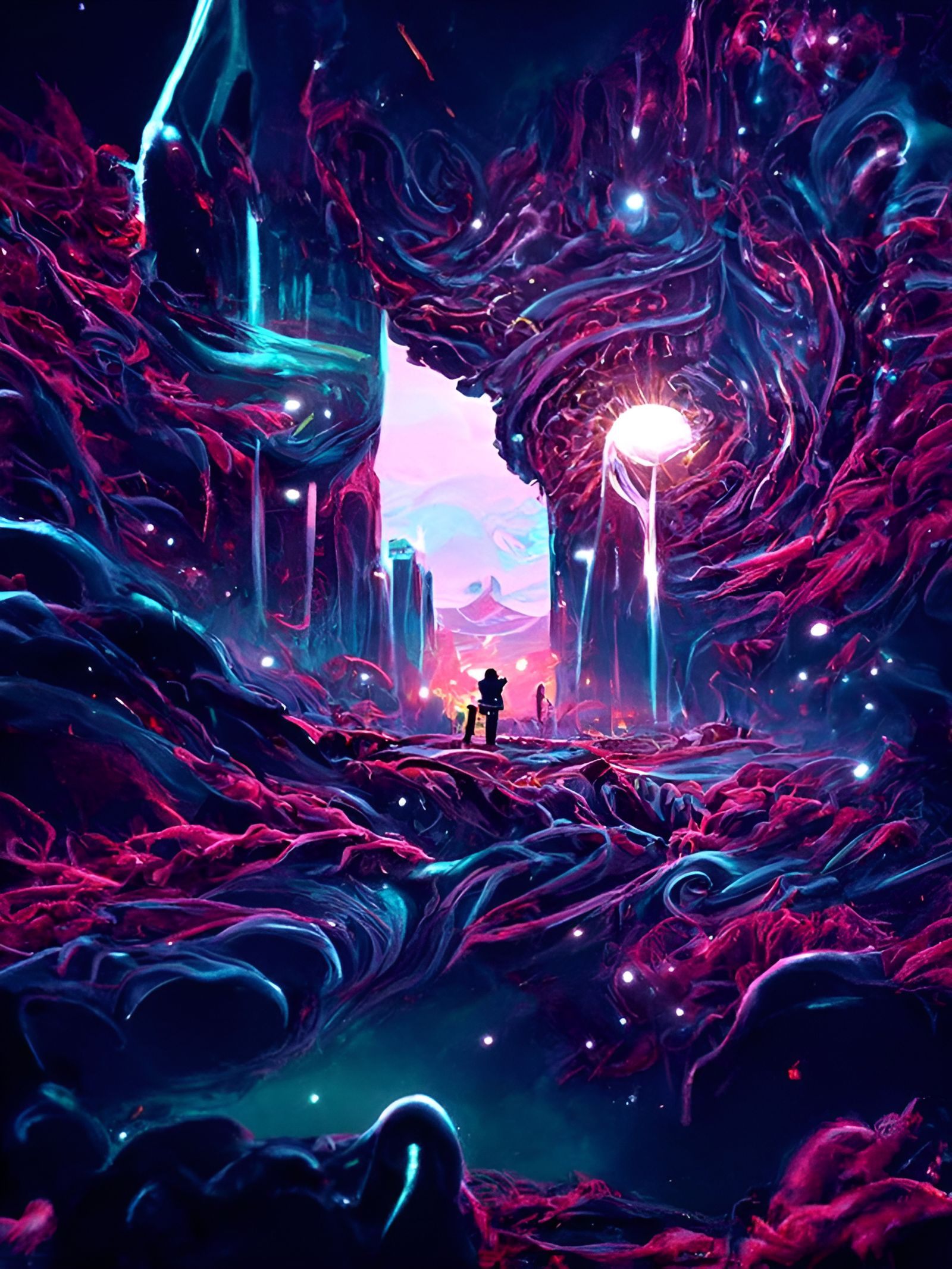 Vibrant Cosmic Landscape Painting in Expressionist Style