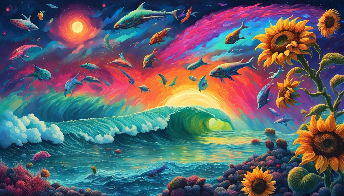 Ocean Creatures Surfing in Cyberpunk Candyland