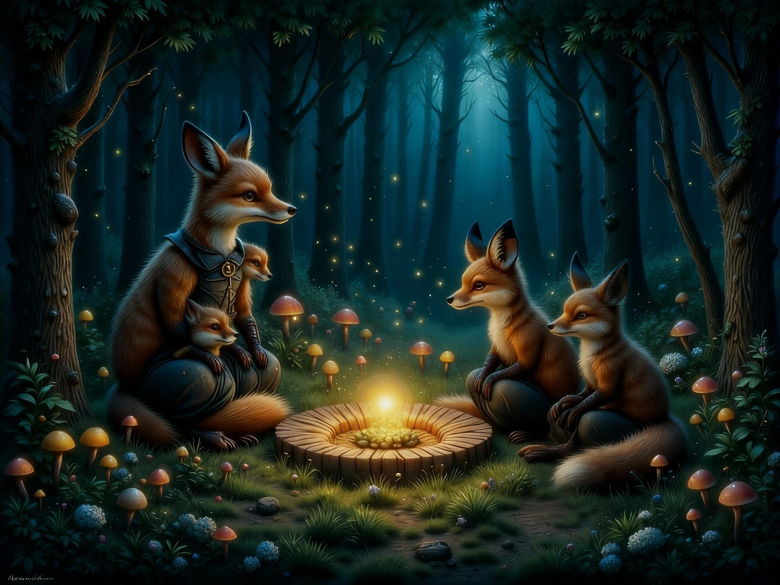 Enchanted Forest Fox Family at Midnight