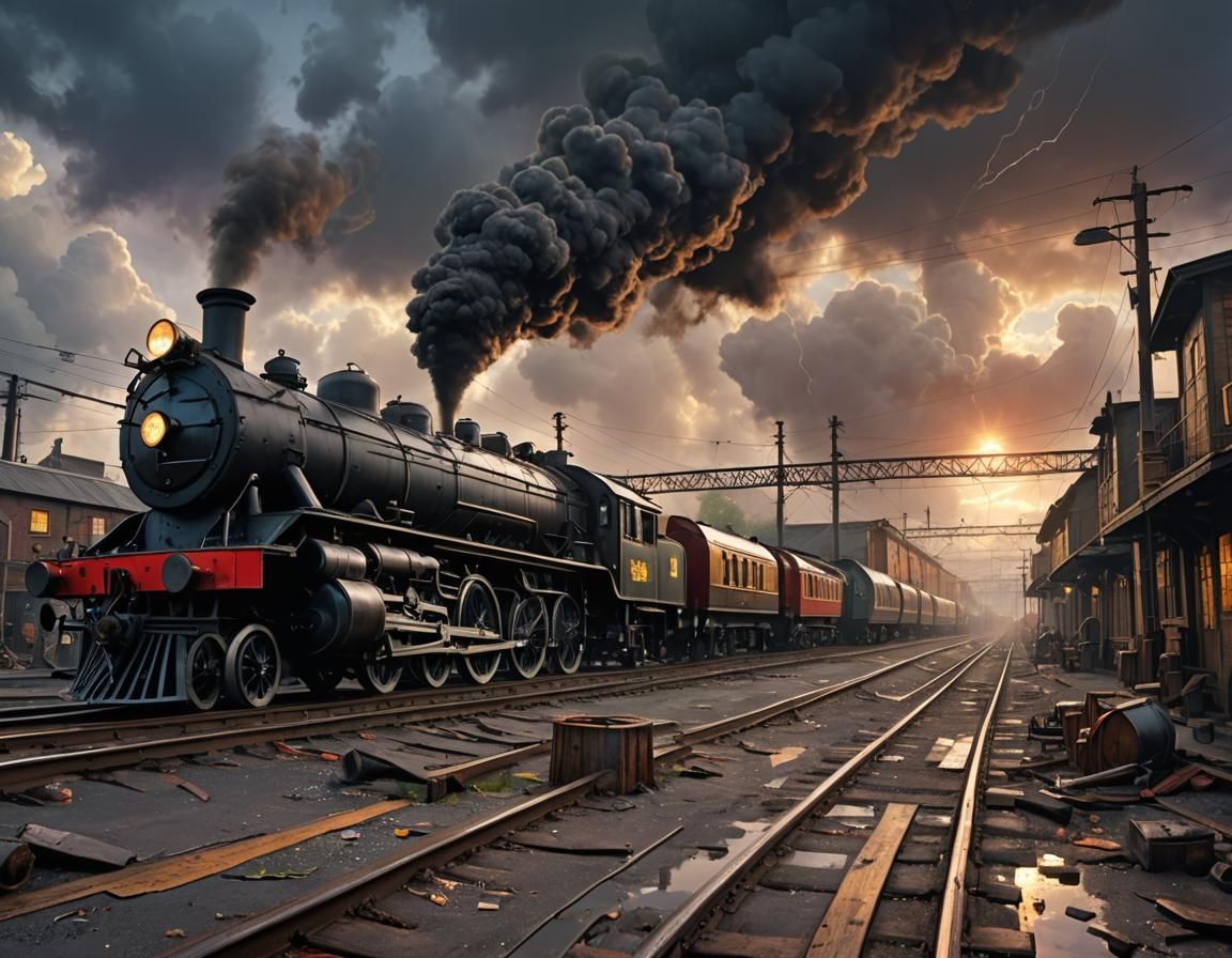 Dieselpunk Train Station Under Stormy Sunset Sky